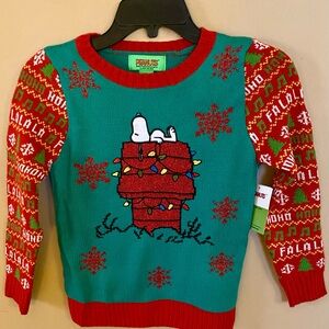 Girls Peanuts Red and Green Christmas Sweater with Snoopy Design